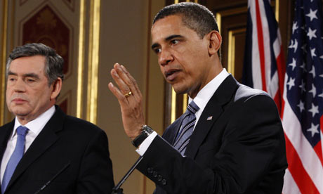 Barack Obama speaks during a joint news conference with Gordon Brown